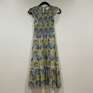 Lost + Wander Floral Print Dress Smocked Tiered Ruffled Yellow Lace Trim XS EUC